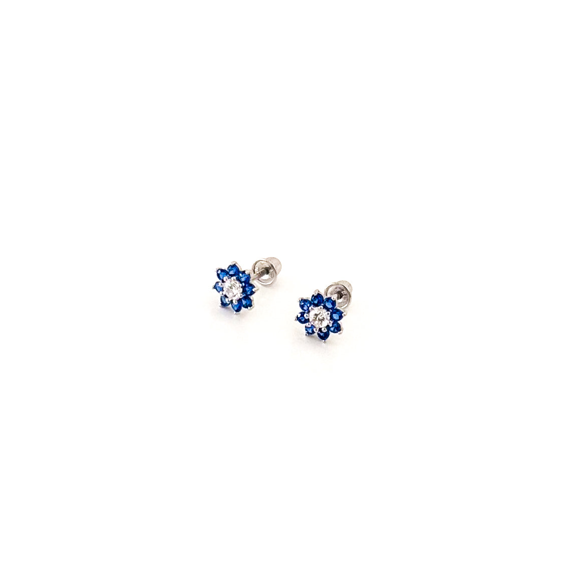 14K White Gold Blue Sapphire Cubic Zirconia Flower Stud Earrings – Everyday Elegance or Thoughtful Gift