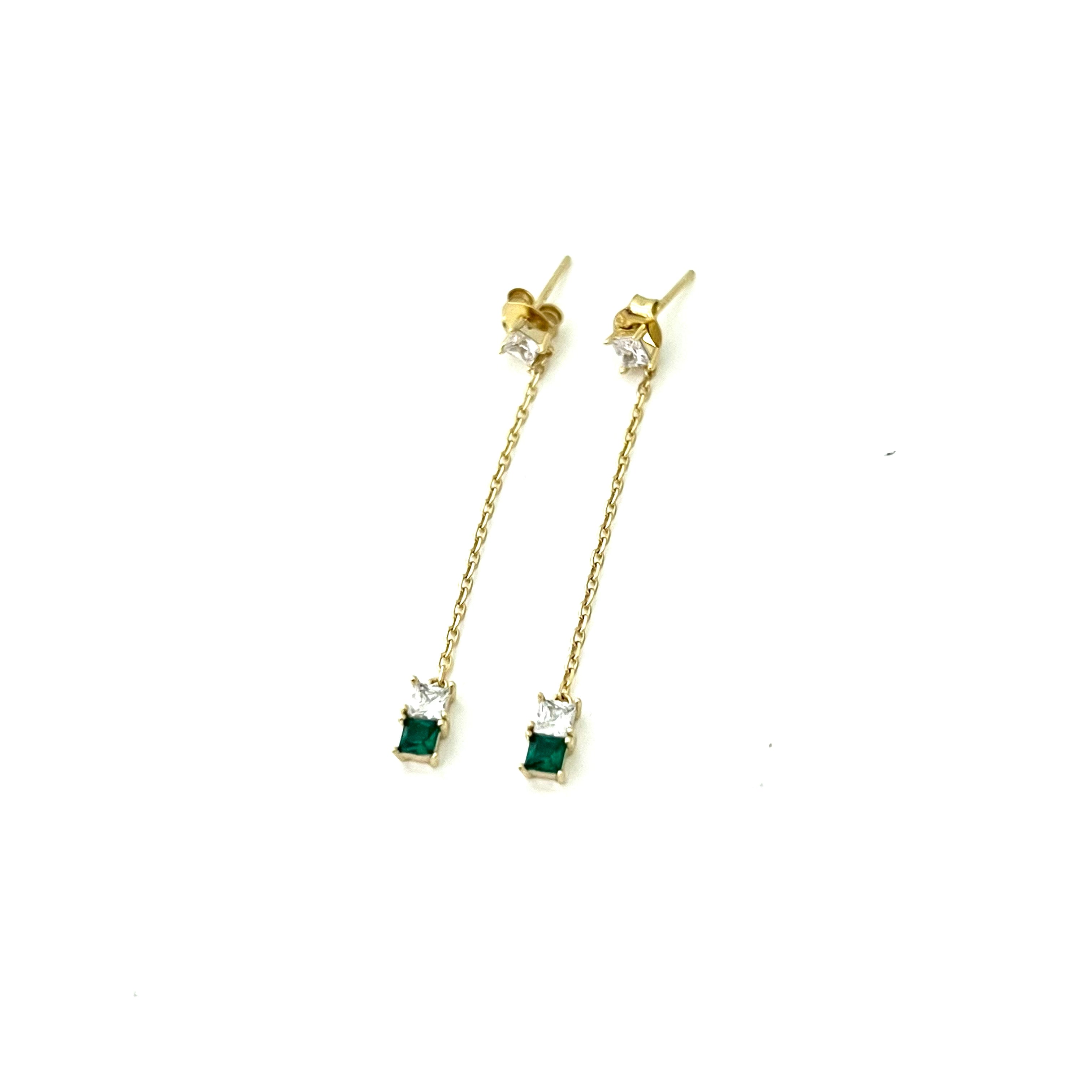Gold Drop Chain Earrings with Emerald and Crystal Cubic Zirconia