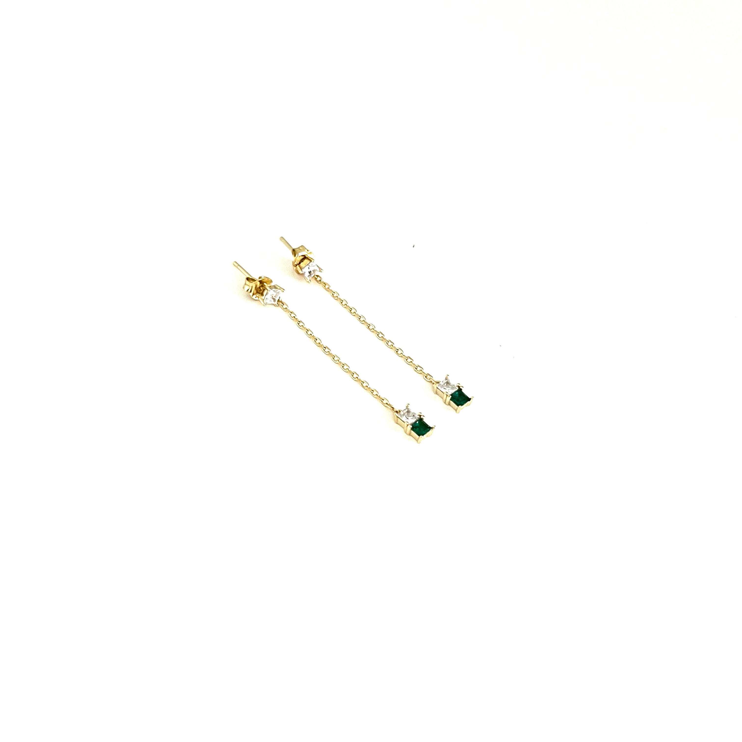 Gold Drop Chain Earrings with Emerald and Crystal Cubic Zirconia