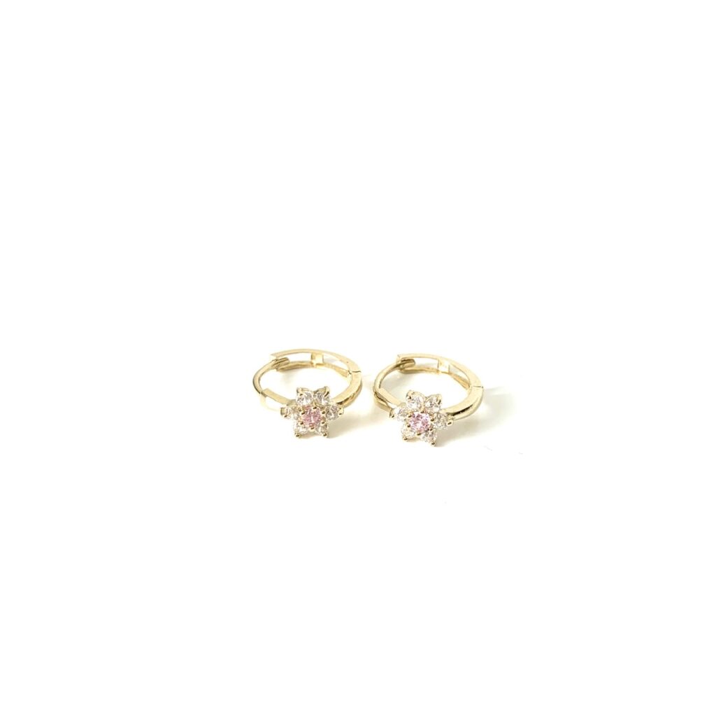 Gold Huggie Earrings with Pink Flower Crystals