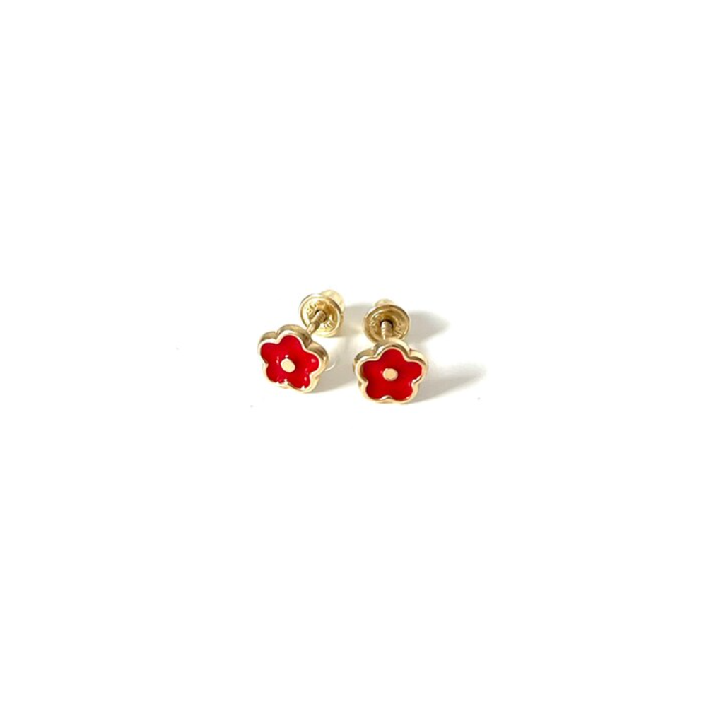 Red Flower Enamel Stud Earrings in Yellow Gold